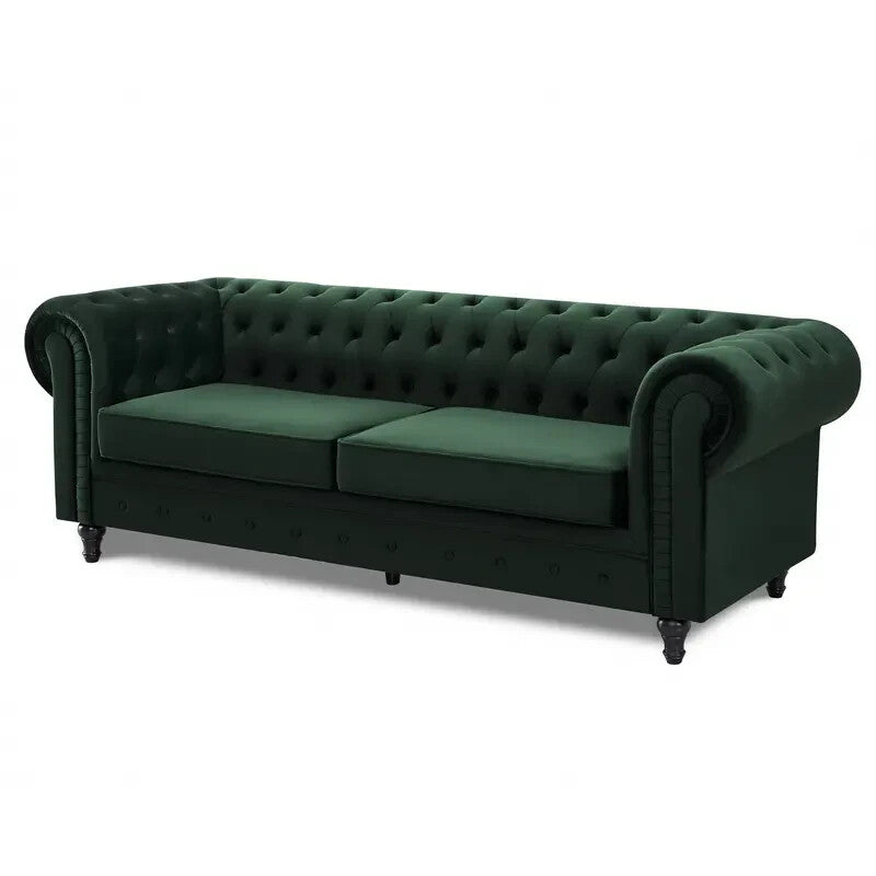 3 Seater Chesterfield Sofa Green Velvet Scroll Arms Plush Living Room