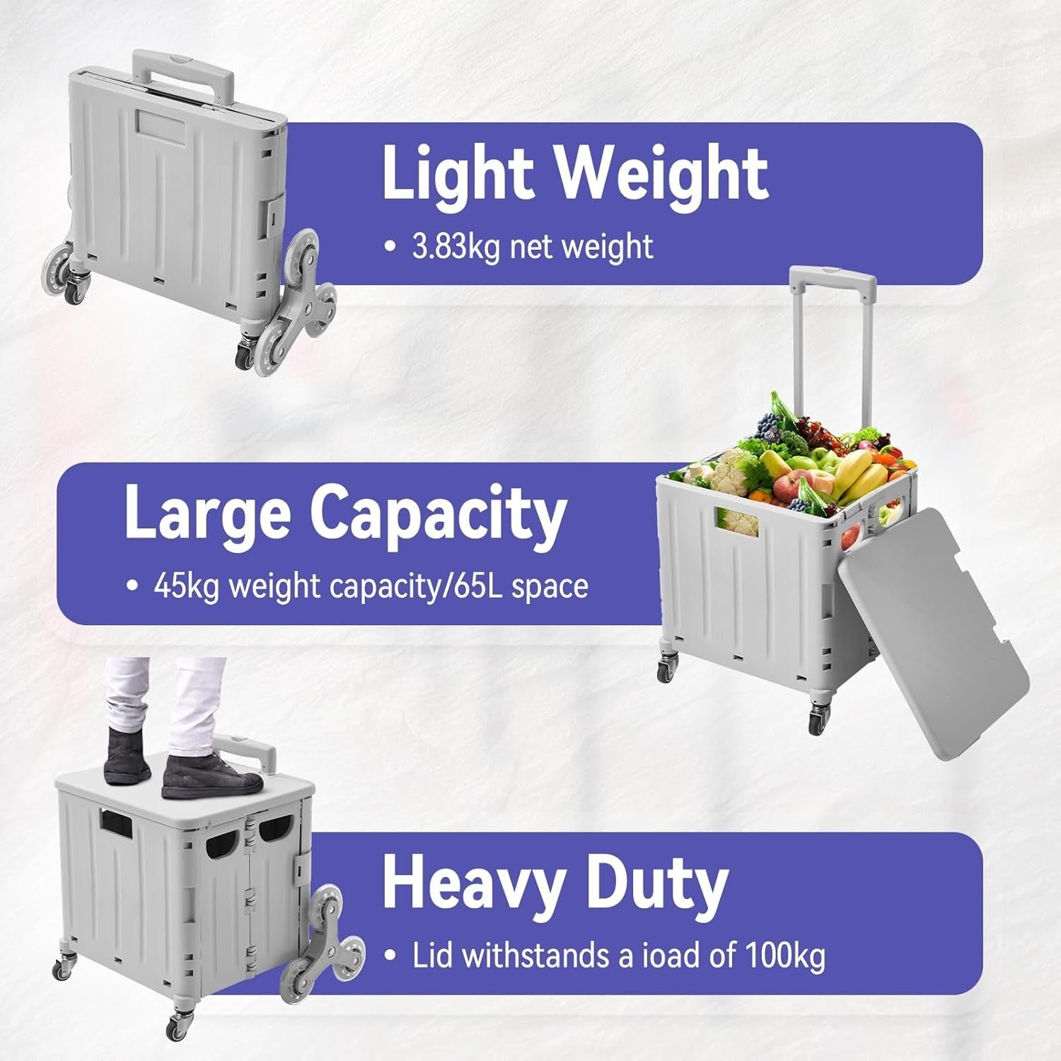 65L Stair Climber Shopping Trolley 8 Wheels Foldable Cart with Lid Grey