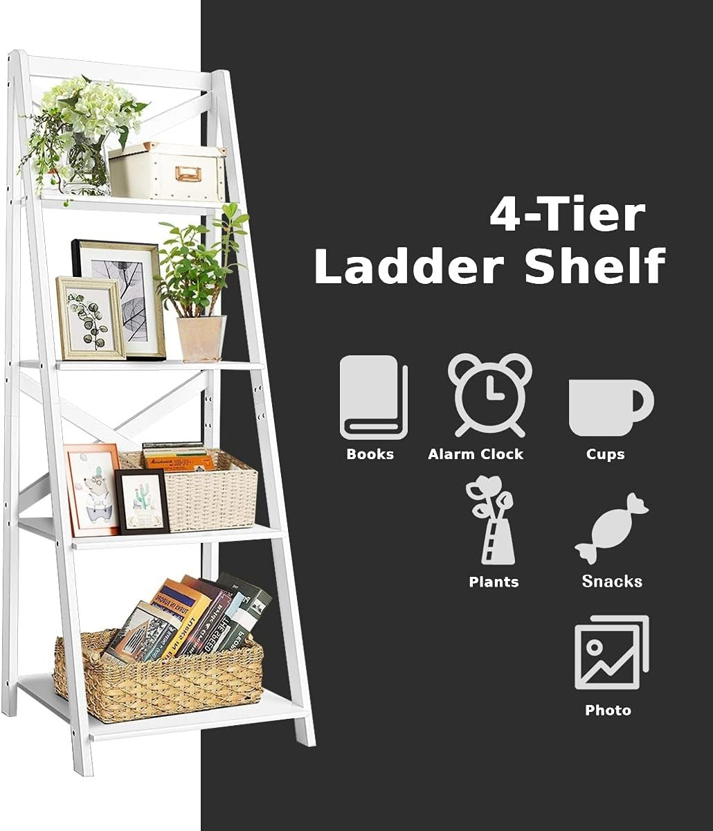 4 Tier Ladder Shelf Bookcase Leaning Display Storage Unit White