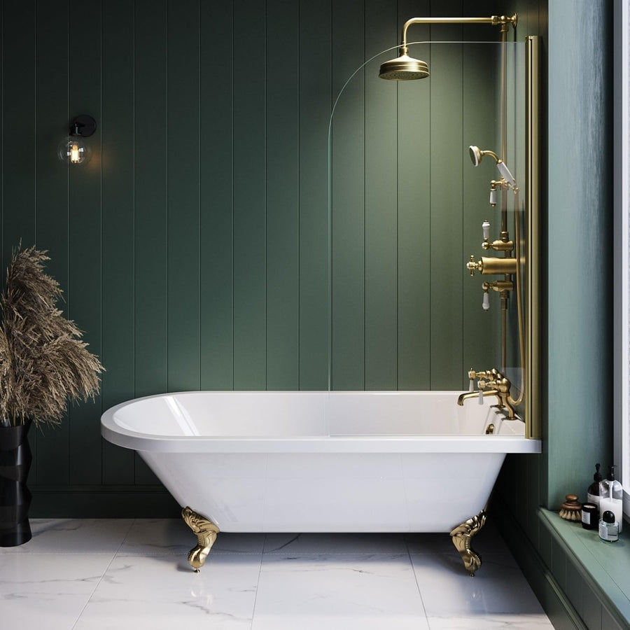 1670x740mm Single Ended Freestanding Slipper Shower Bath Brass Screen & Feet