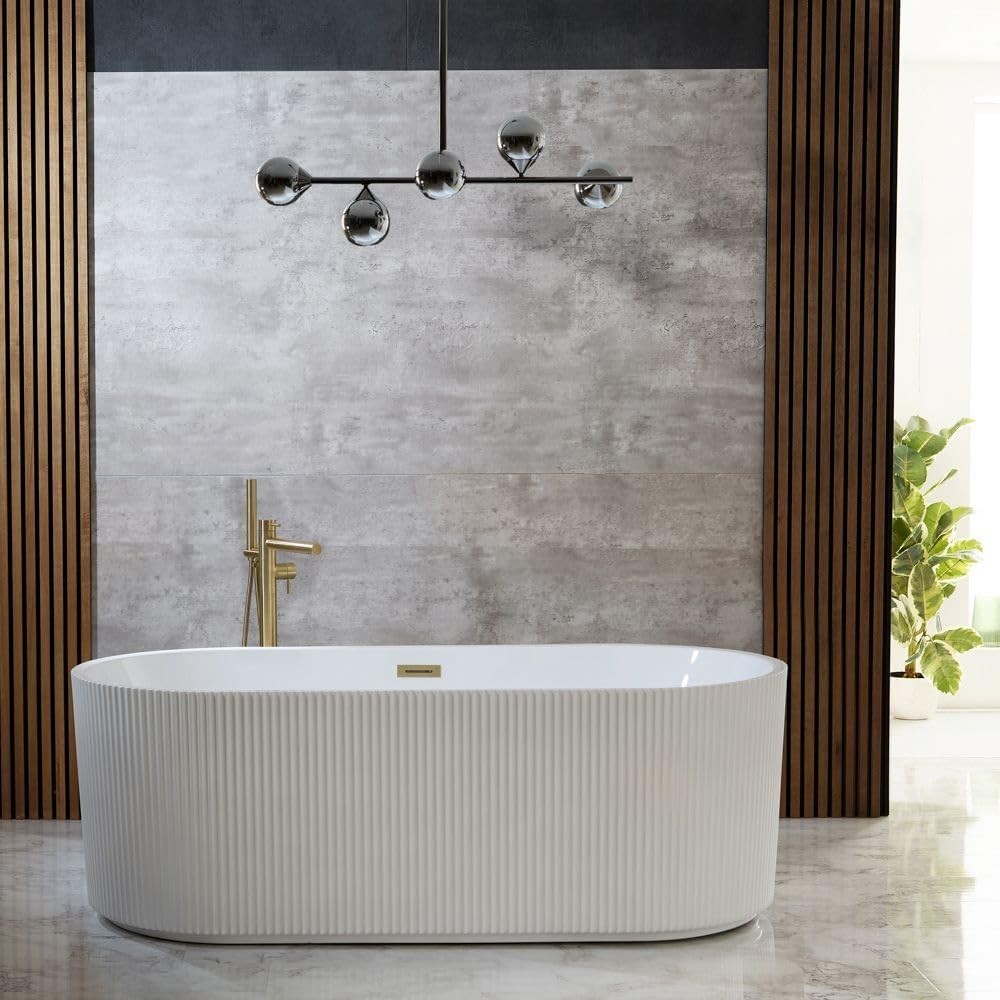 White Double Ended Freestanding Fluted Bath 1700x800mm Brass Overflow