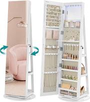White LED Jewelry Cabinet Mirror 360° Swivel Lockable Storage Stand