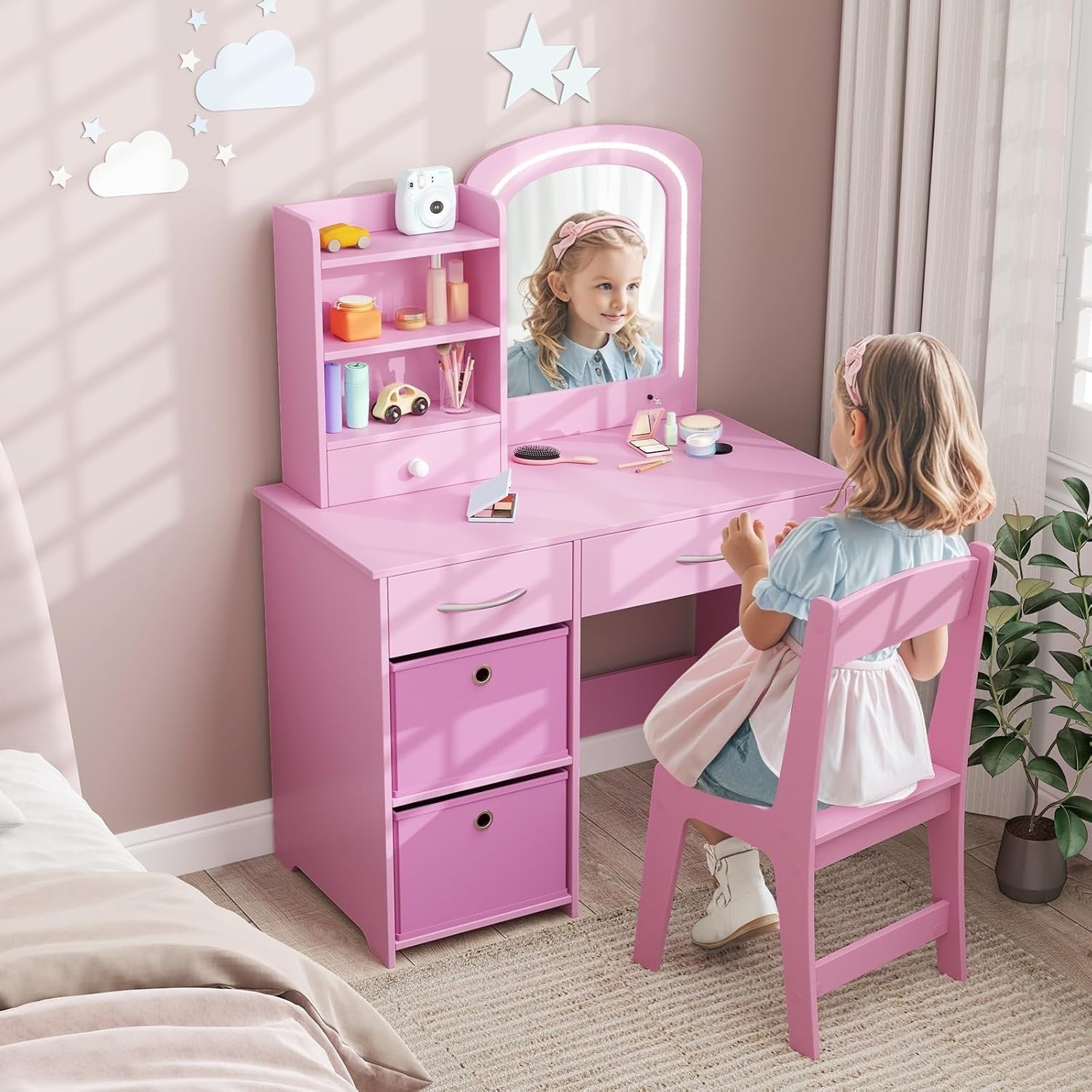 Kids Vanity Table Set with Mirror & Lights 3 Drawers Desk Storage Pink Children'