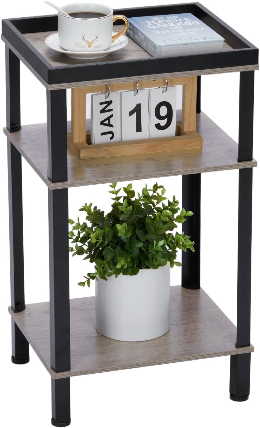 Slim 3 Tier Side Table Oak Small Narrow End Bedside Nightstand Storage