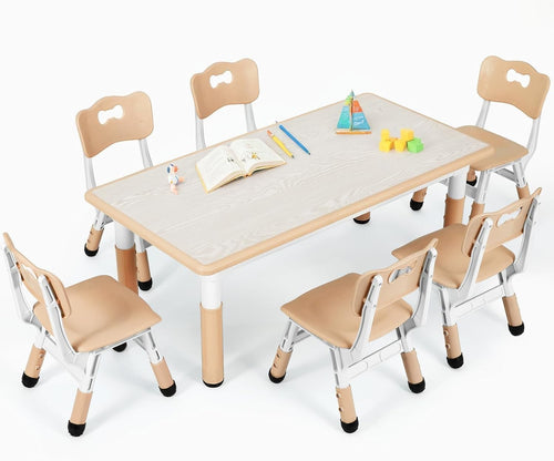 Kids Table and 6 Chairs Set Adjustable Height Study Dining Furniture Yellow