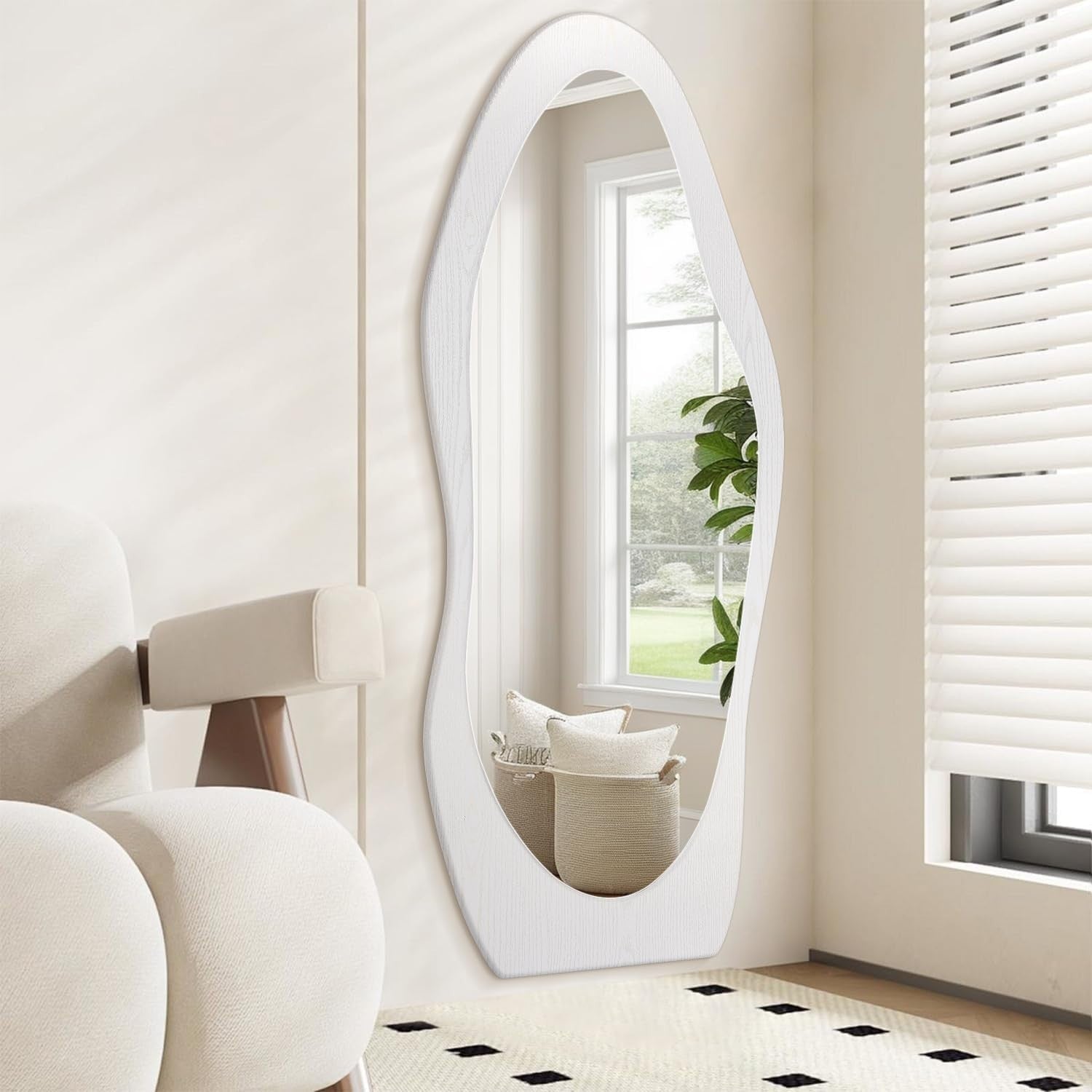 Wavy Full Length Wall Mirror 150x60cm White Wood Frame for Bedroom Hall