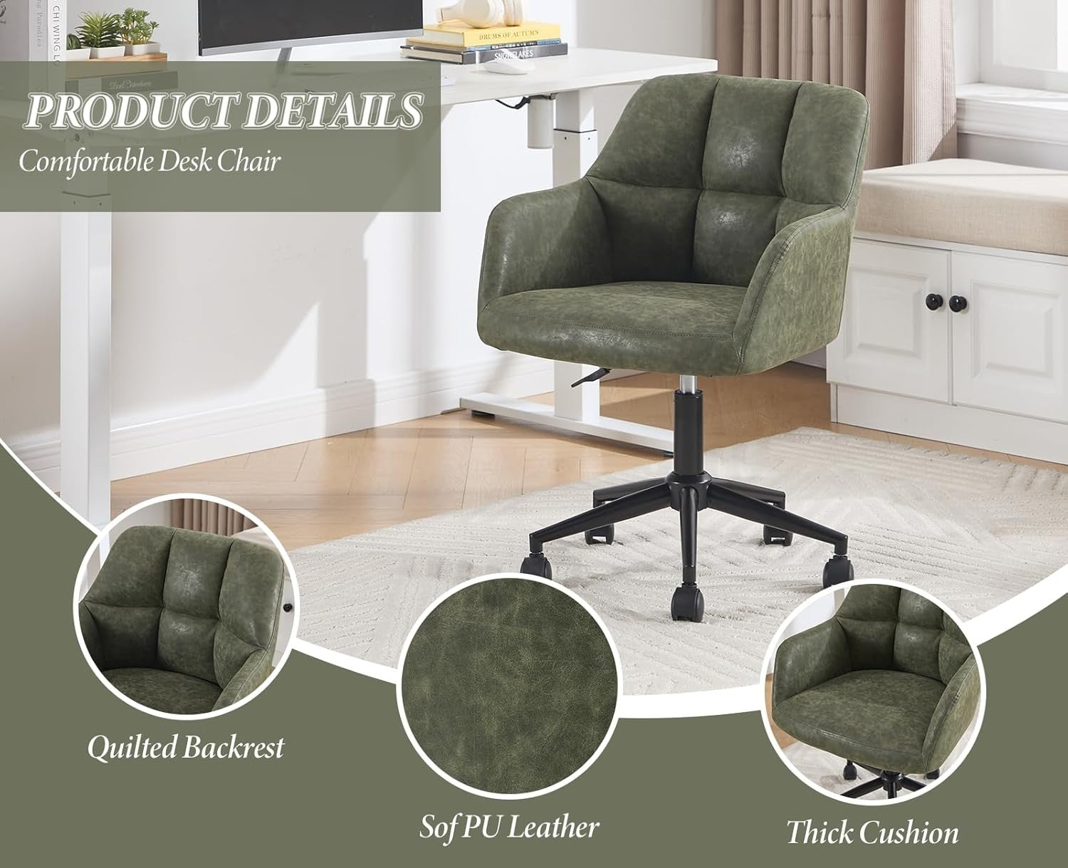 Faux Leather Office Chair Adjustable Swivel Desk Seat Green Tufted Back Modern
