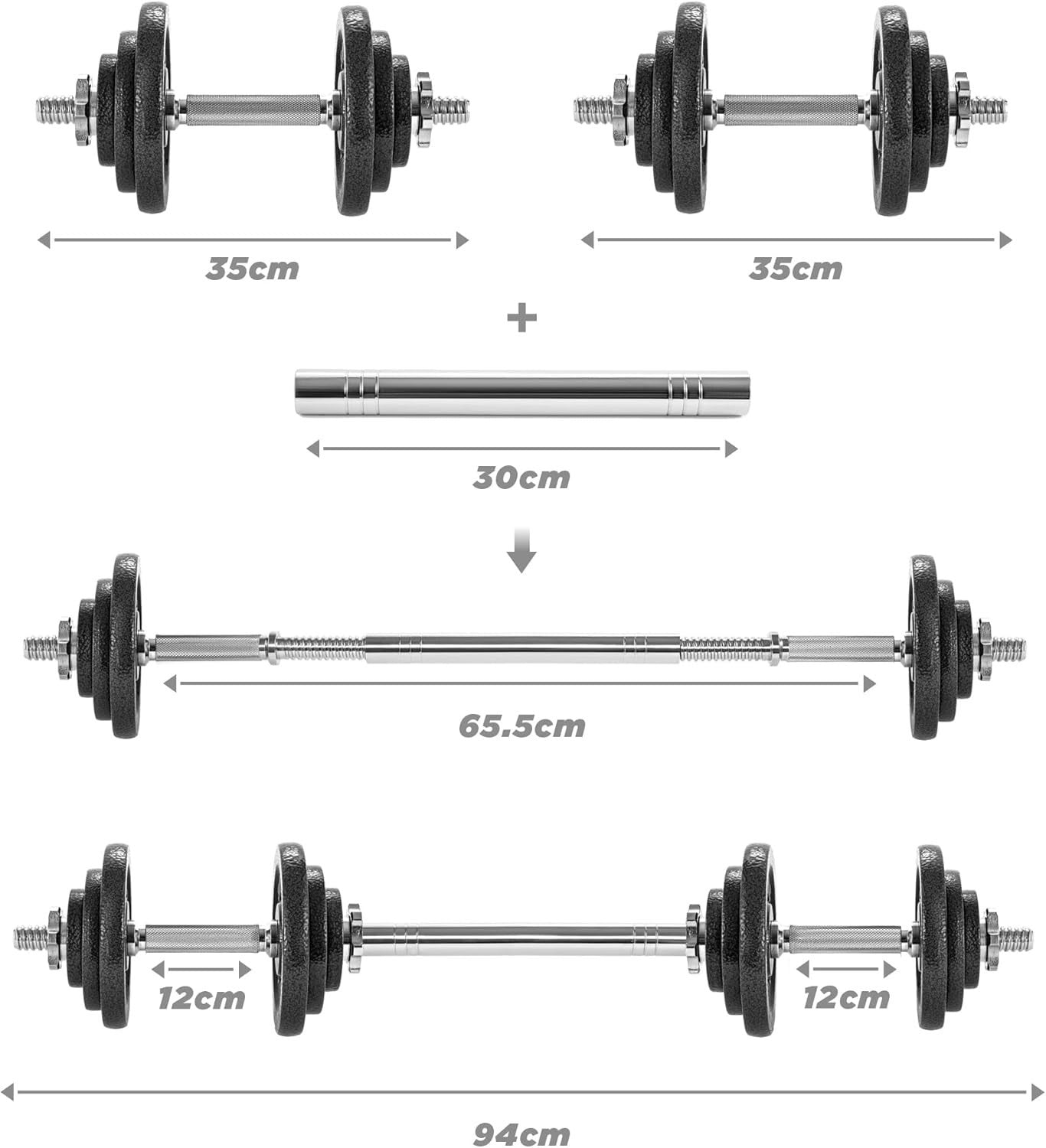 Adjustable Dumbbell Barbell Set 20kg or 30kg Cast Iron Home Gym Weights