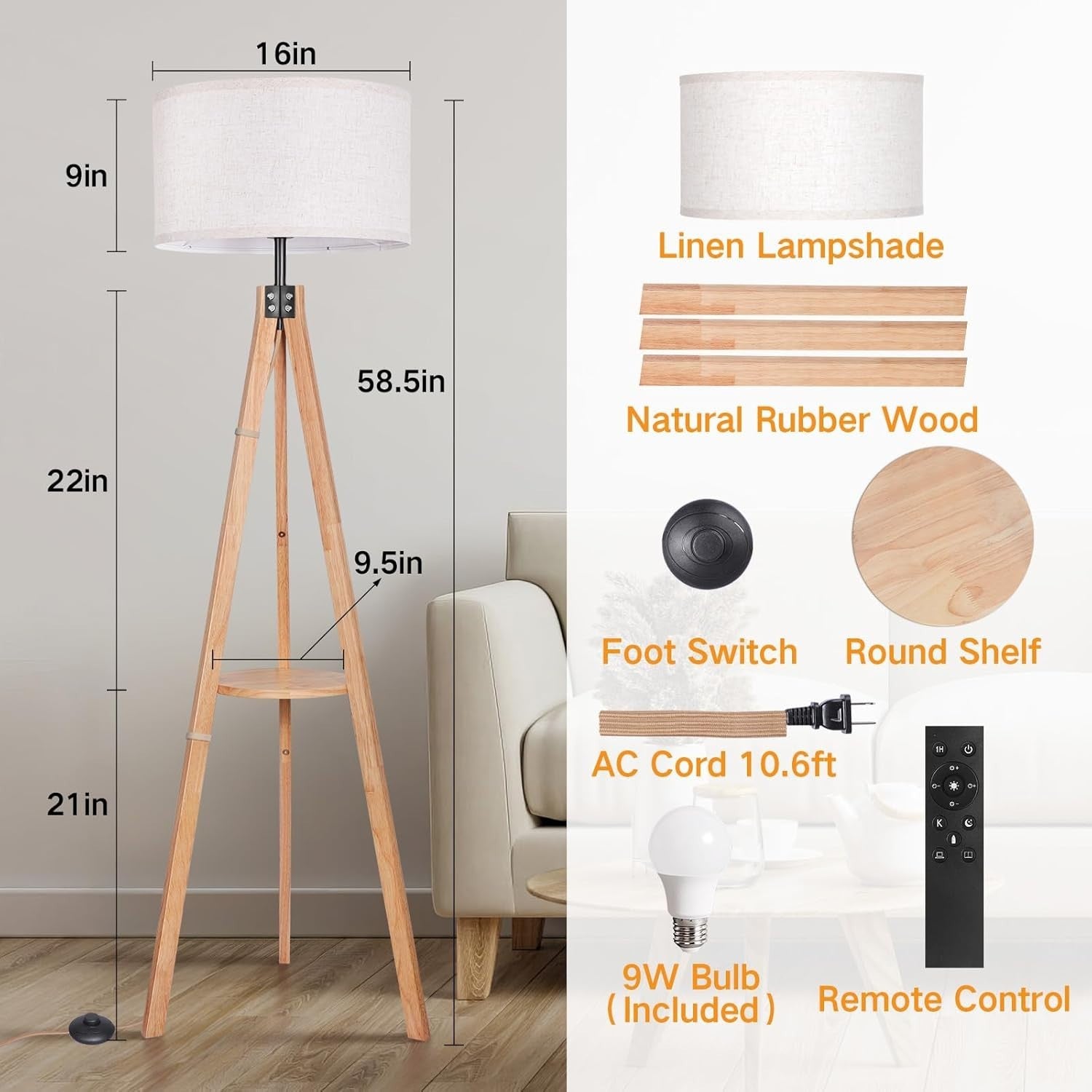 Wood Tripod Floor Lamp with Adjustable Light & Built-in Shelf, 150 cm