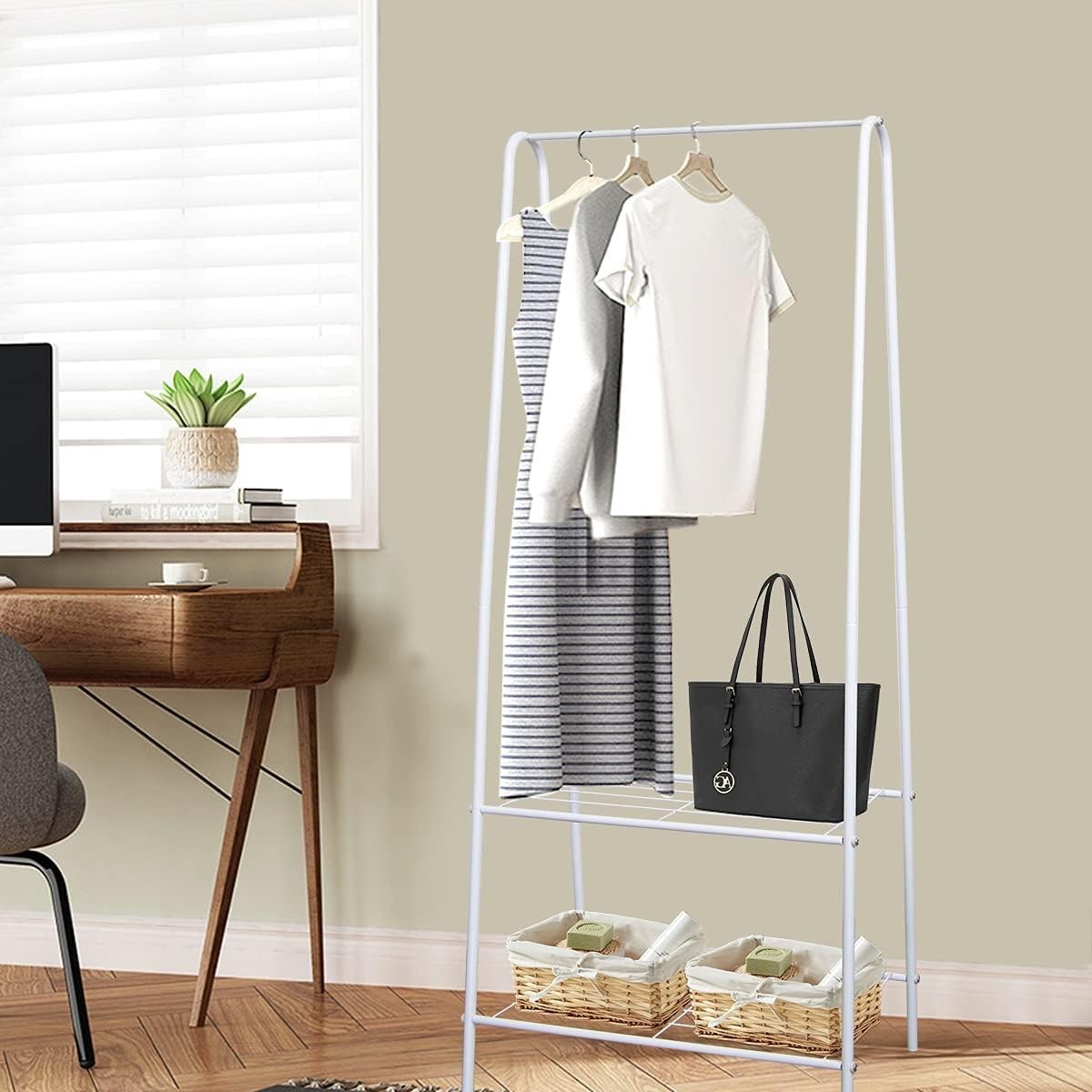 White Clothes Rail Stand with Metal Shelf 1.5m Space Saver