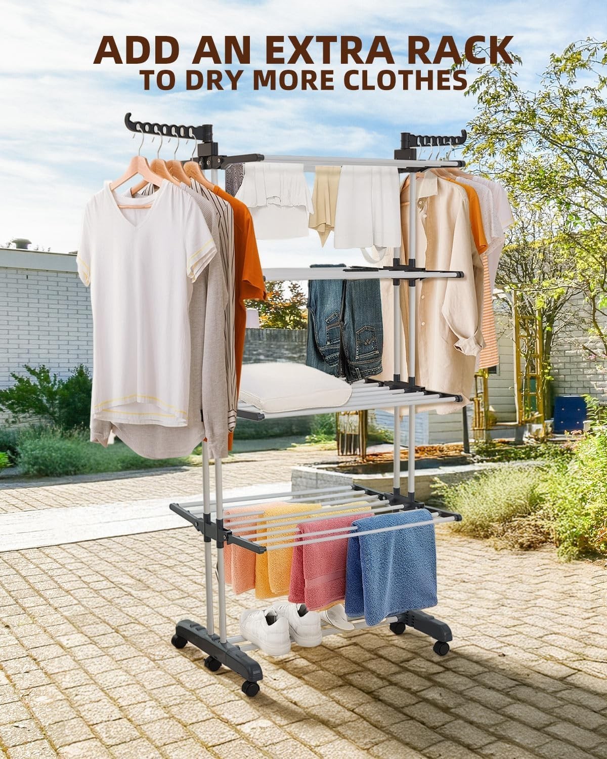 5-Tier Foldable Stainless Steel Clothes Drying Rack with Wheels – Grey