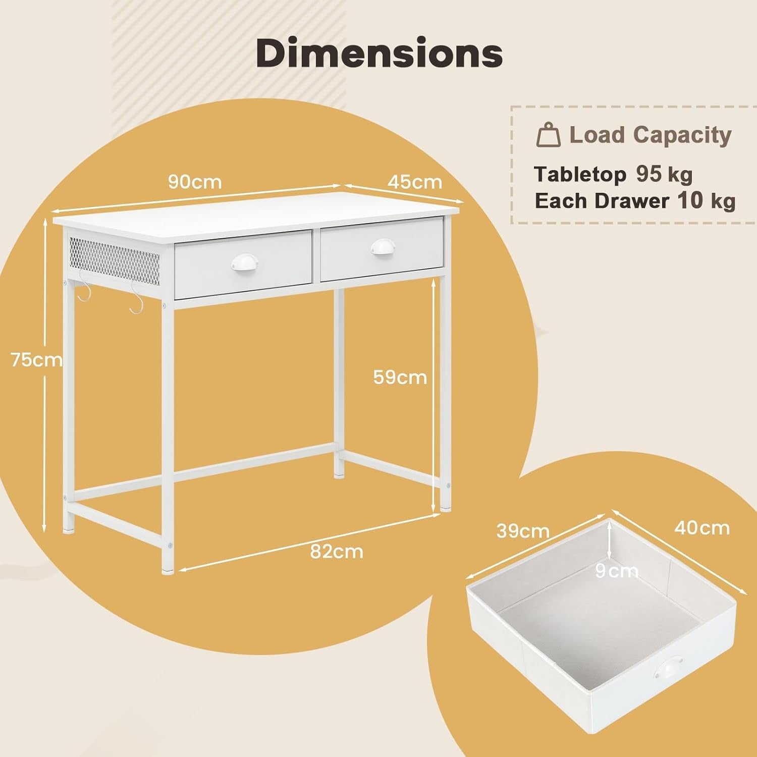 Computer Desk with Drawers White Home Office Study Table Hooks Storage