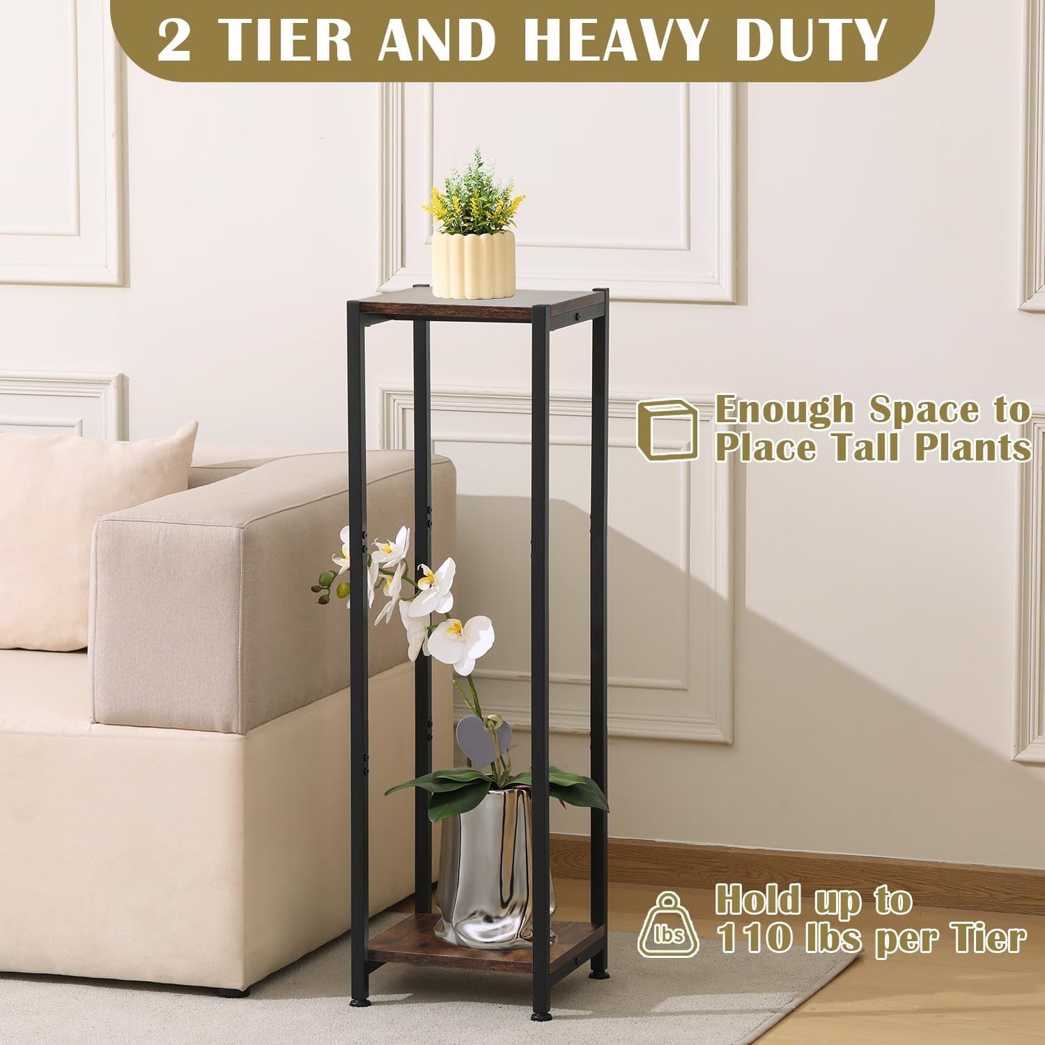 2 Tier Tall Metal Plant Stand Indoor Outdoor Display Rack Rustic Wood Shelf