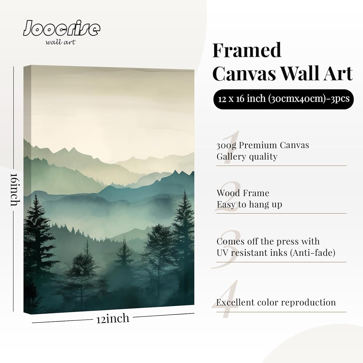 Sage Green Mountain Forest Wall Art Set of 3 Framed 12x16in