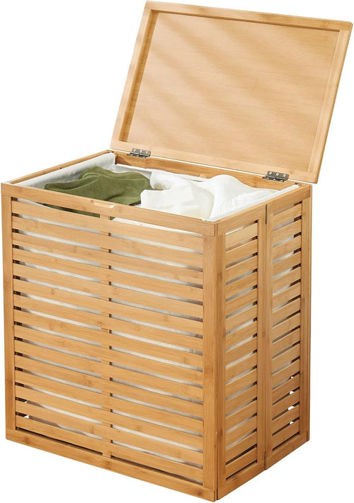 Natural Bamboo Laundry Hamper with Lid & Removable Liner | Foldable Storage Bask