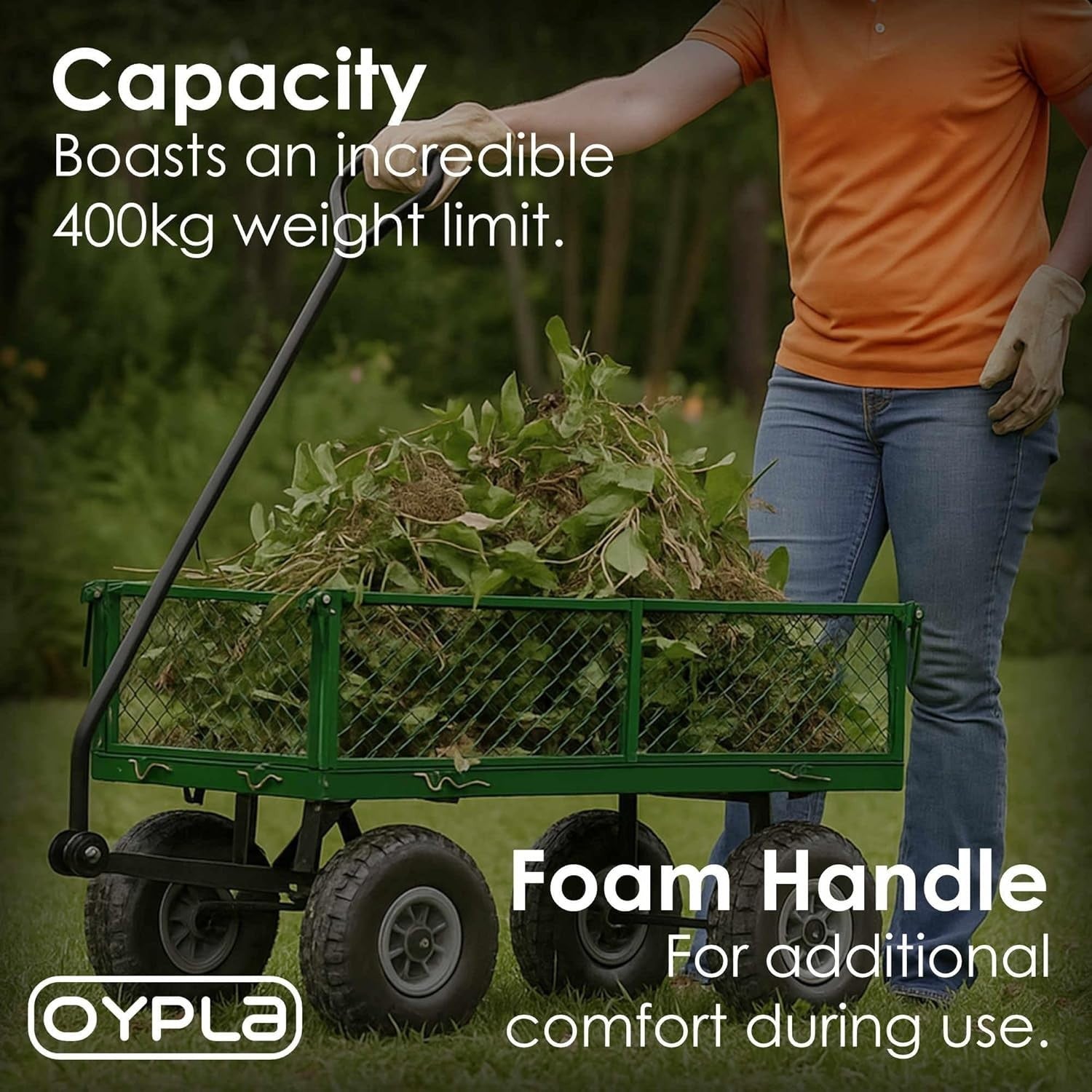Heavy Duty Metal Garden Trolley Cart Green Mesh Wagon 400kg Capacity All Terrain