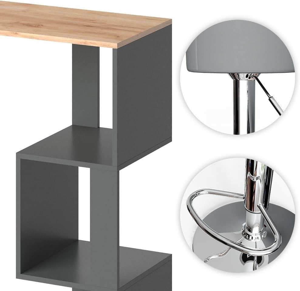 Bar Table Set with 2 Swivel Stools Storage Shelf Gold Oak Anthracite Modern
