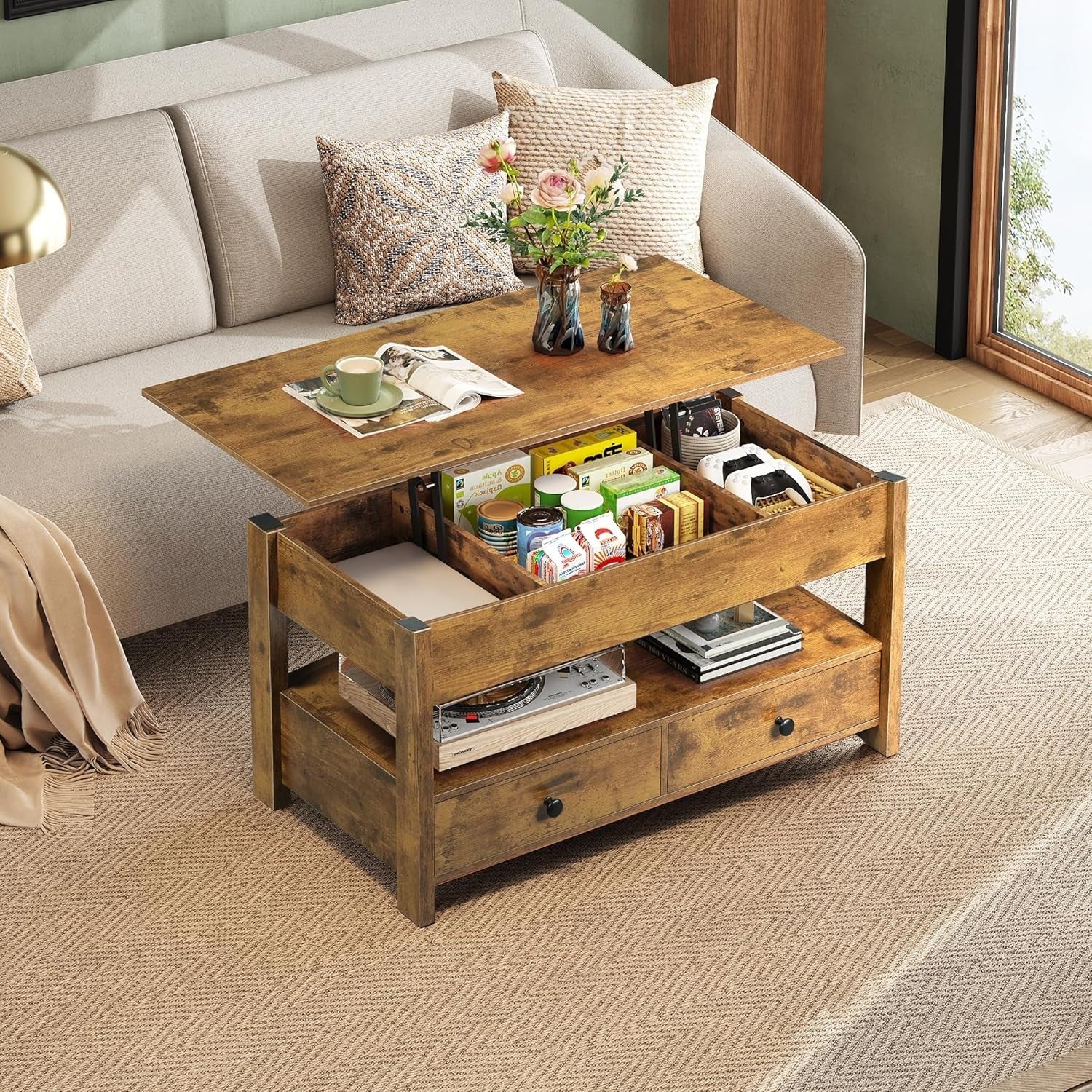 Lift Top Coffee Table with Storage Drawers & Hidden Compartment 100x50cm