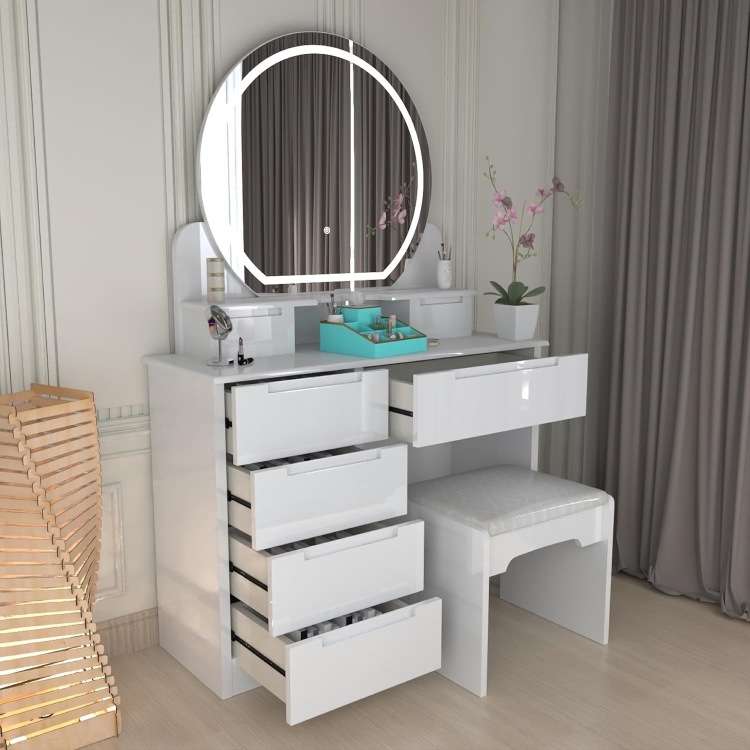 White Dressing Table Makeup Vanity Desk w/ Mirror Modern 5 Drawer High Gloss