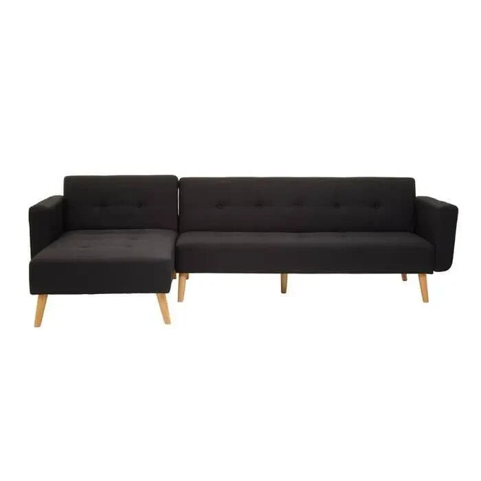 Modern Black Corner Sofa Bed Linen Upholstery w/ Oak Legs 3-Seater
