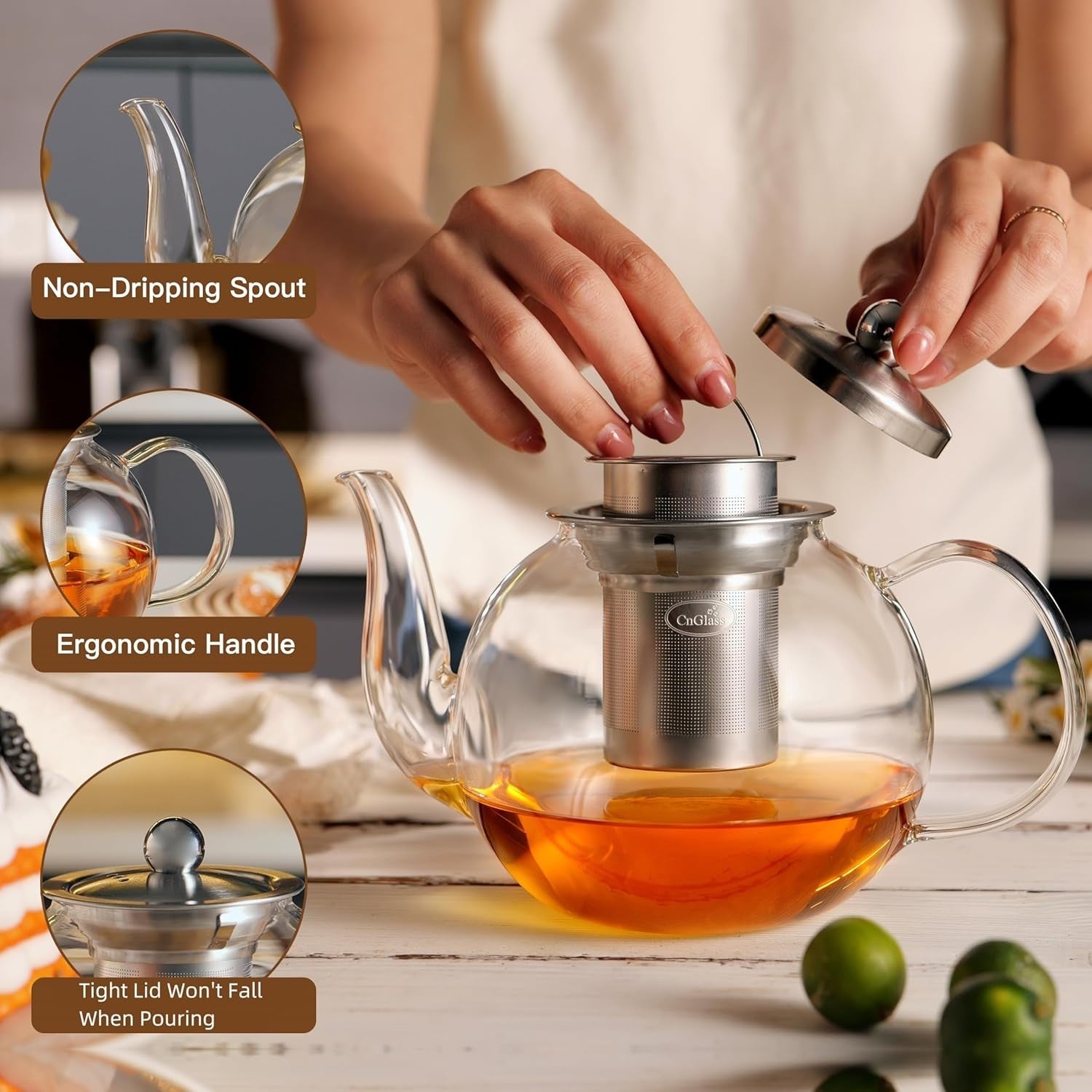 1200ml Glass Teapot with Infuser Stovetop Safe Loose Leaf Tea Maker