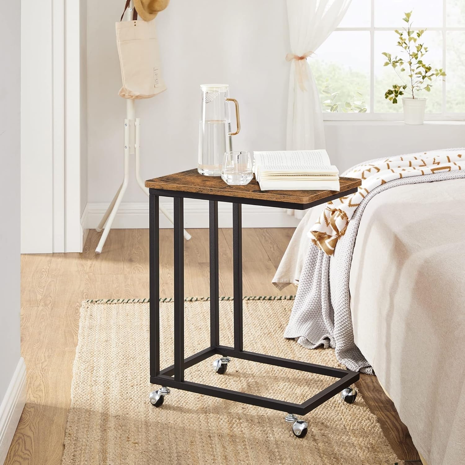 Industrial C Side Table with Wheels, Rustic Wood Top, Sofa Laptop Stand