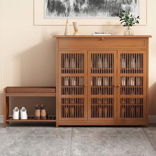 Brown Shoe Storage Cabinet with Seat & Drawer – 4-Tier Hallway Bench 99cm