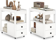 Sleek 3-Tier Rolling Bedside Table with Drawers & Shelves Slim Nightstand White