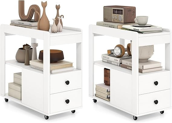 Sleek 3-Tier Rolling Bedside Table with Drawers & Shelves Slim Nightstand White