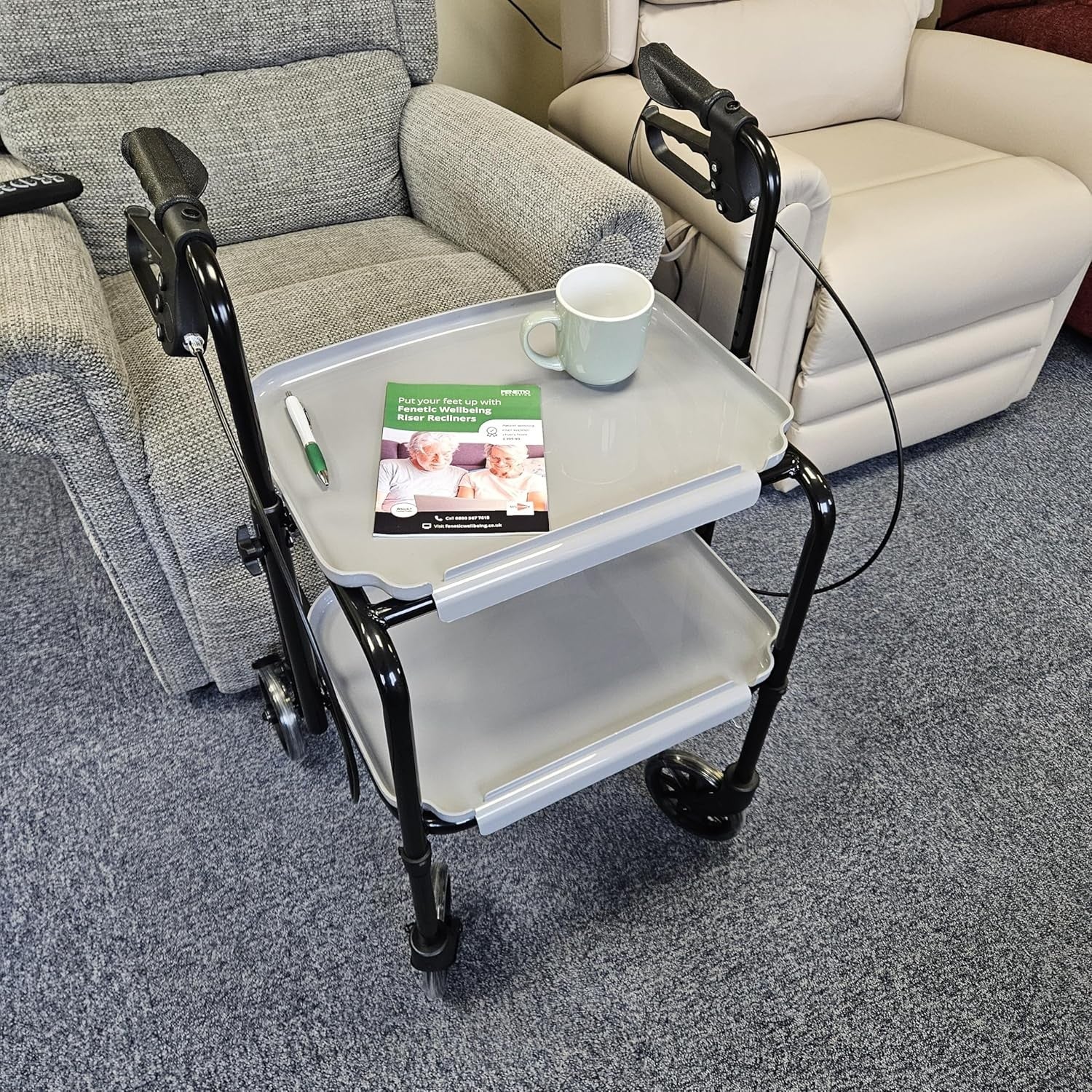 Indoor Mobility Rollator Walker with Brakes Storage Trays 4 Wheel Trolley