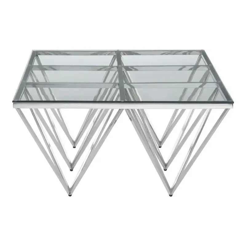 Modern Glass Coffee Table with Silver Prismatic Base – Art Deco Design