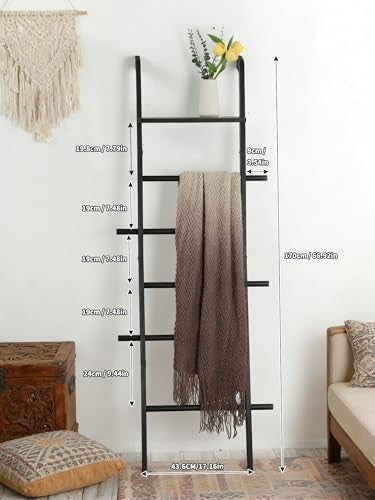 67in Black Wood Blanket Ladder with Top Shelf Hooks 5-Tier Farmhouse Rack