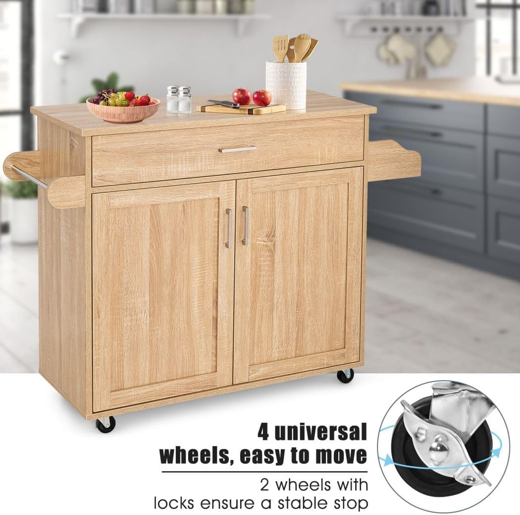 Kitchen Island Trolley on Wheels Storage Cabinet Drawer Wood Worktop