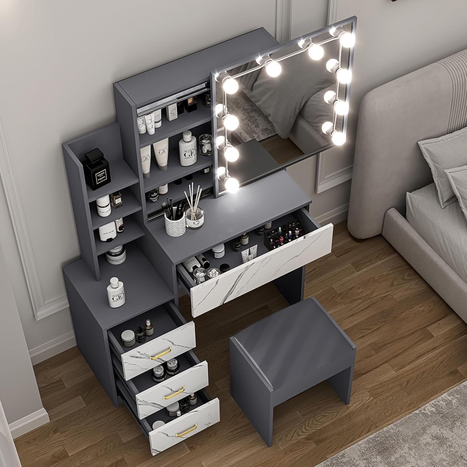 Corner Vanity Desk w/LED Mirror Lights 3 Drawers Cabinet Shelves Space Saver