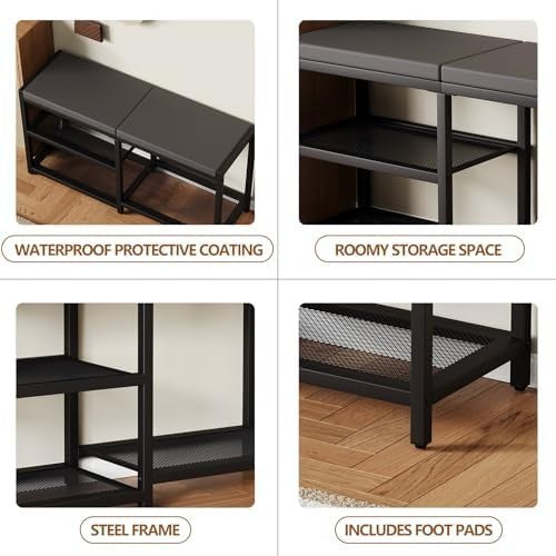 Black 35"L Shoe Bench with Cushion & Alloy Steel Frame, Storage Seat