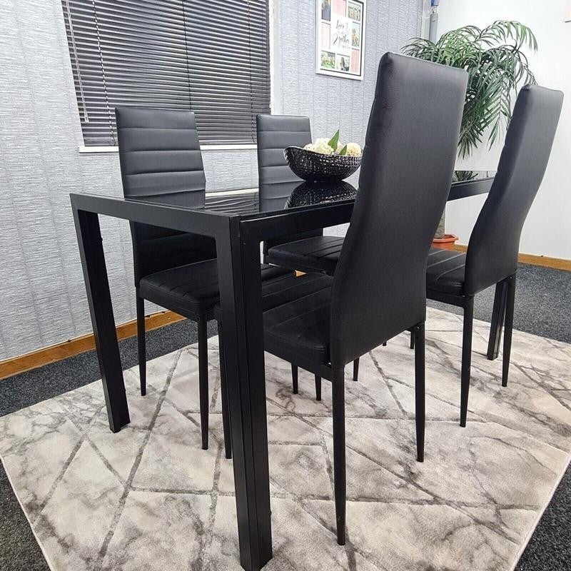 Black Glass Dining Table Set with 4 Leather Chairs Modern Kitchen 120cm