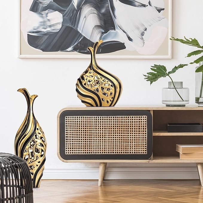 Tall Black Gold Floor Vase 50cm Modern Pampas Grass Luxury Decor