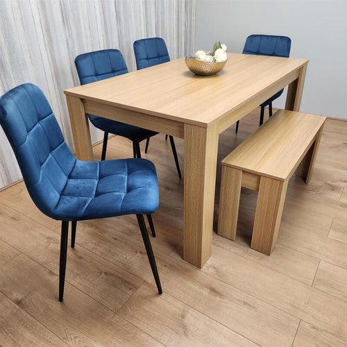 6 Seater Oak Dining Table Set with Blue Velvet Chairs & Wooden Bench
