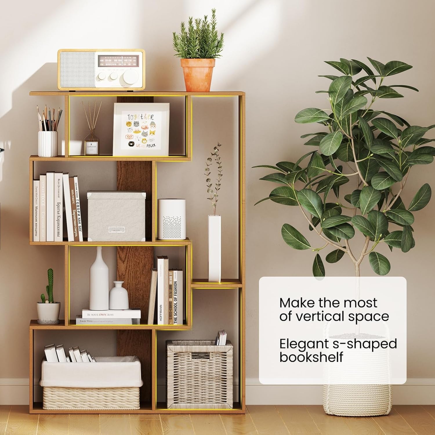 Modern 6-Cube S-Shape Bookcase Storage Unit with Anti-Tip Design – Natural Oak
