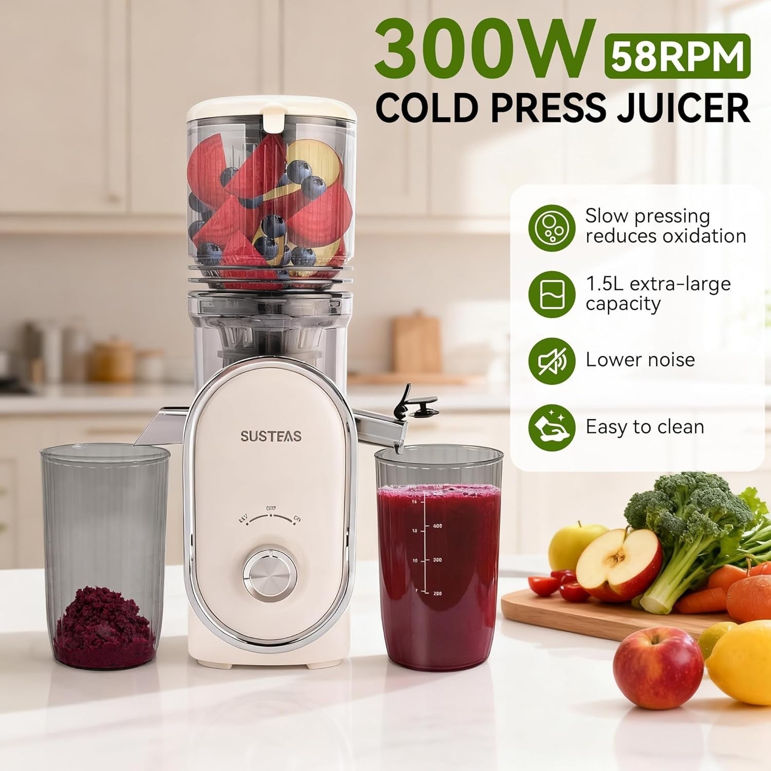 Cold Press Juicer 300W 133mm Wide Feed Chute Whole Fruit High Yield