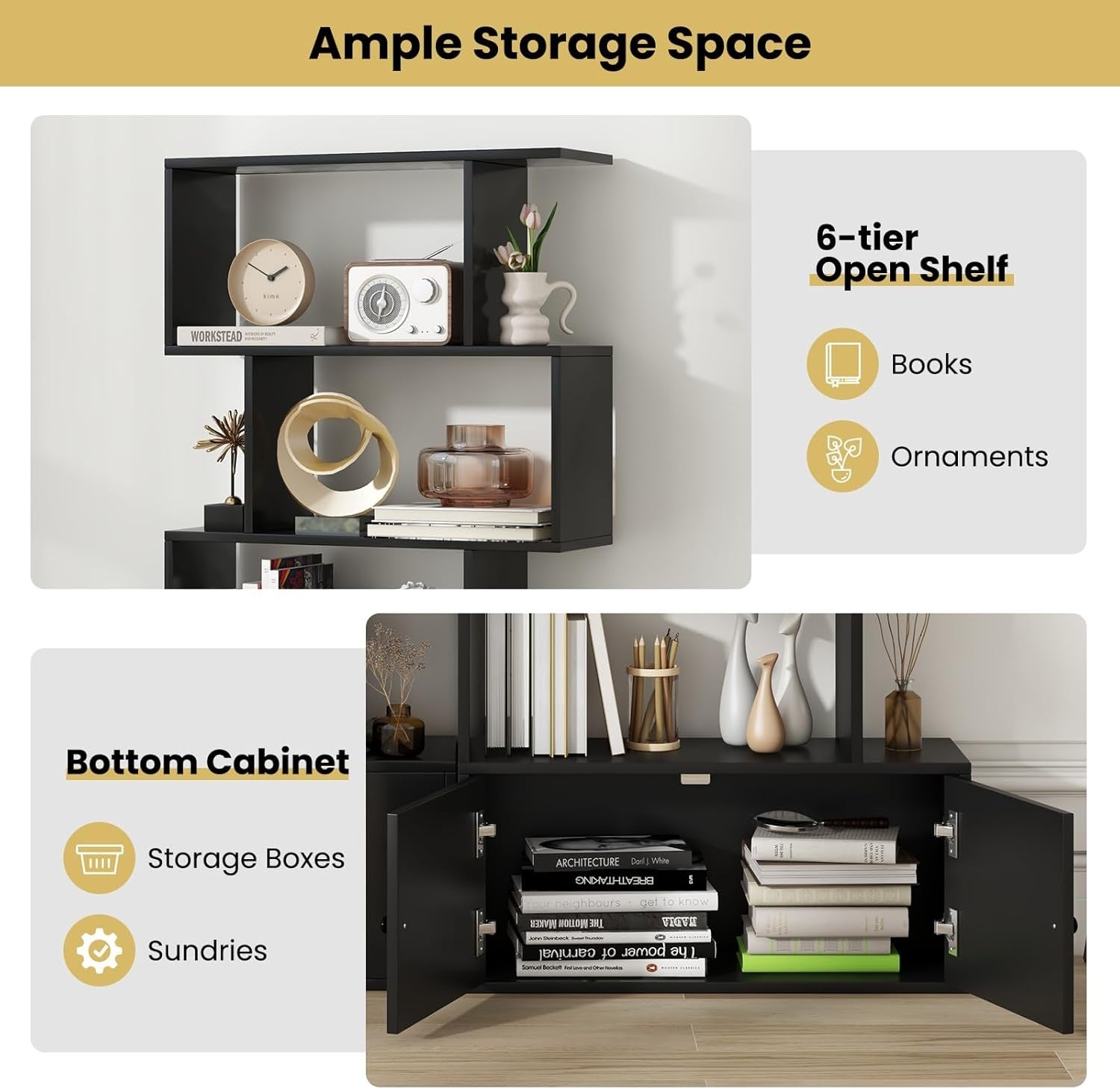Black S-Shaped 6 Tier Bookcase Tall Freestanding Storage Shelf with Cabinet