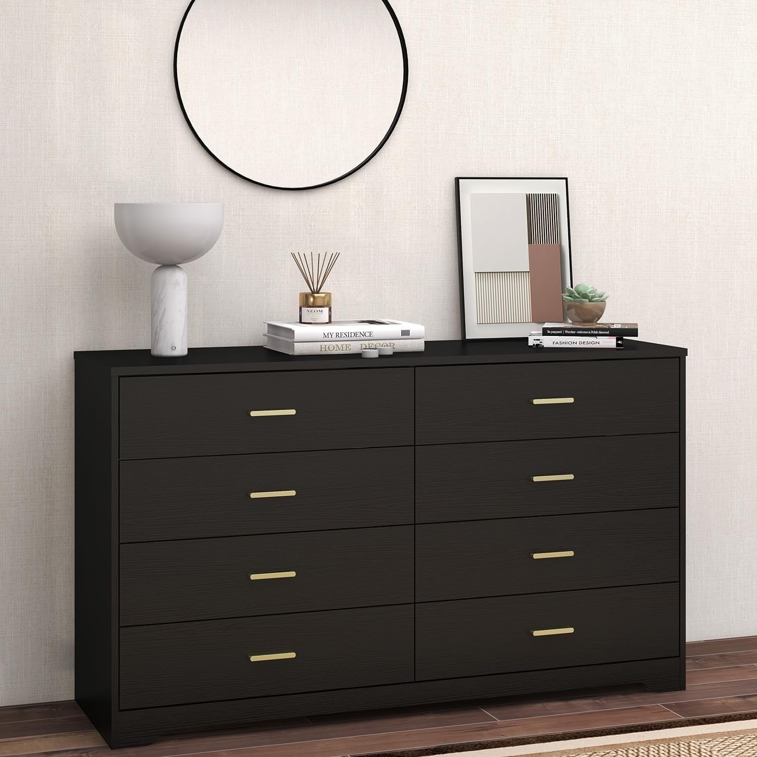 Modern Black Gloss 8-Drawer Wide Storage Chest Bedroom Furniture