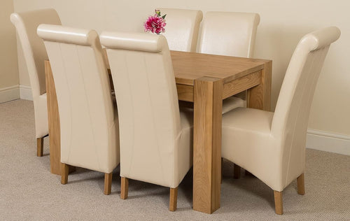 125x80cm Oak Small Dining Table & 6 Ivory Leather Chairs - Compact Set