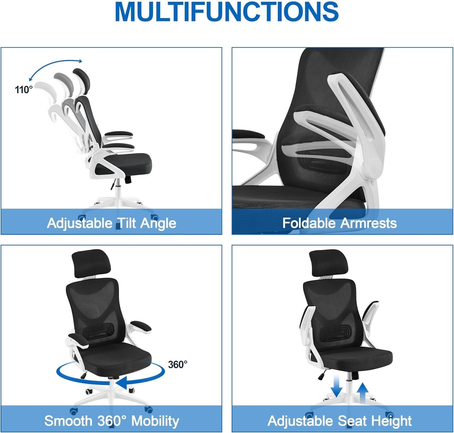 Mesh Ergonomic Office Chair Tall Back Adjustable Headrest Lumbar Flip-Up Arms Wh