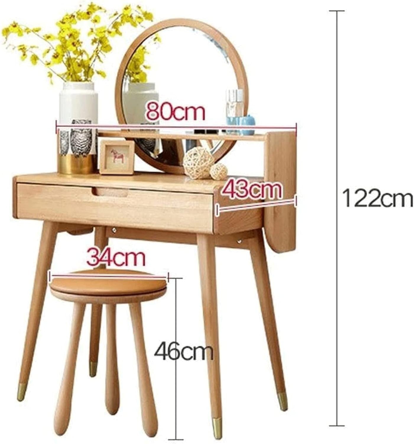 Modern Dressing Table Vanity Set w/ Mirror Stool 1-Drawer Makeup Desk Wood