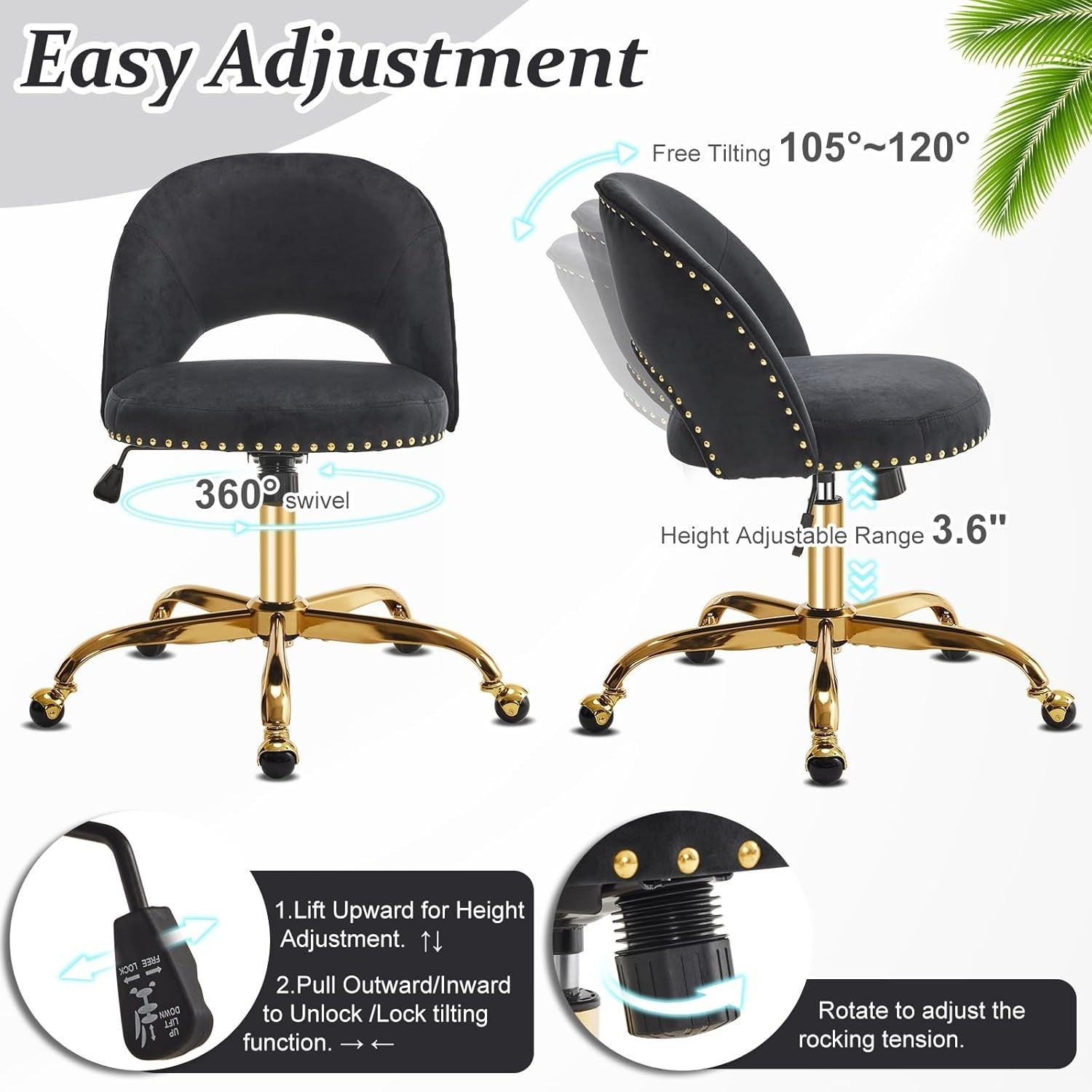 Black Velvet Swivel Vanity Chair – Adjustable Height Desk & Makeup Seat