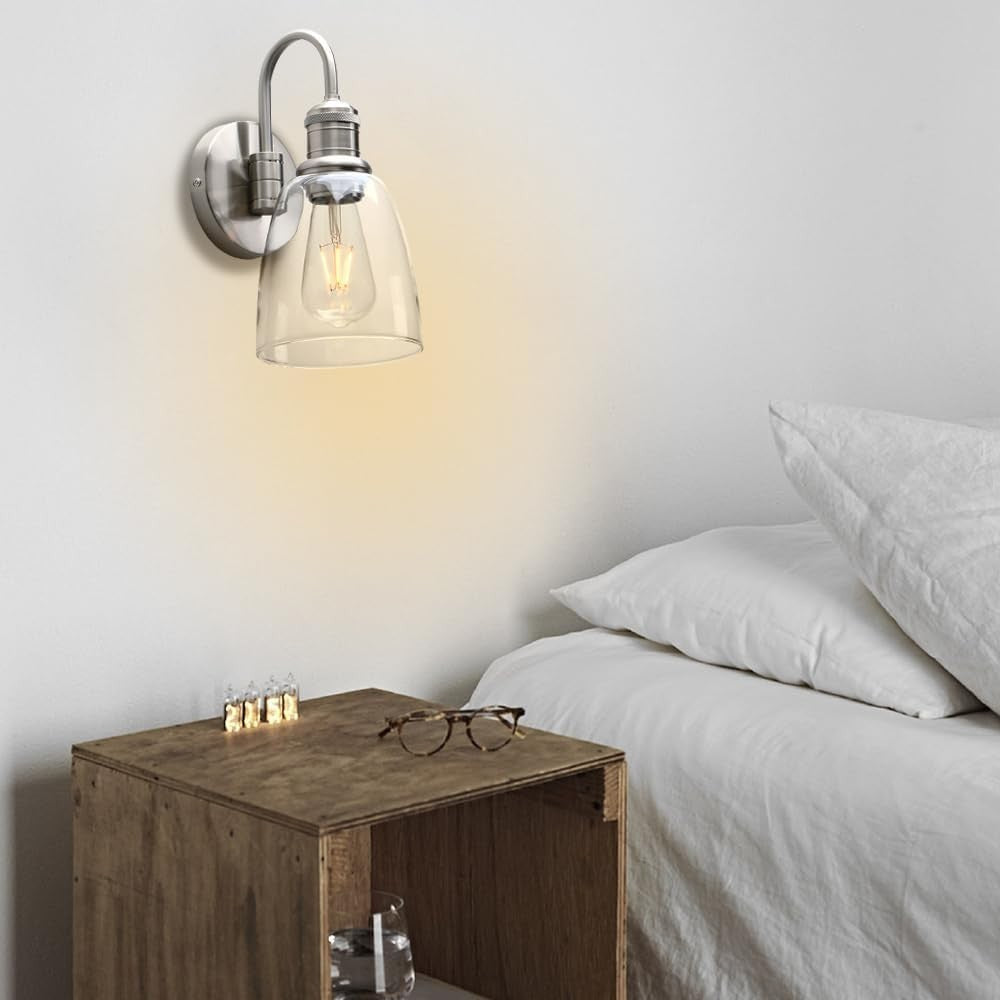 Vintage Industrial Glass Wall Sconce Lights, Clear Shade, Brushed Metal