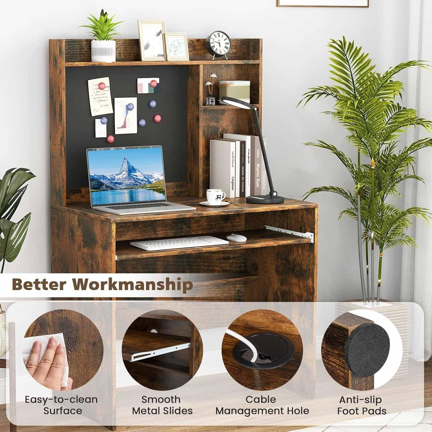 Rustic Brown Computer Desk with Hutch & Keyboard Tray Home Office Table