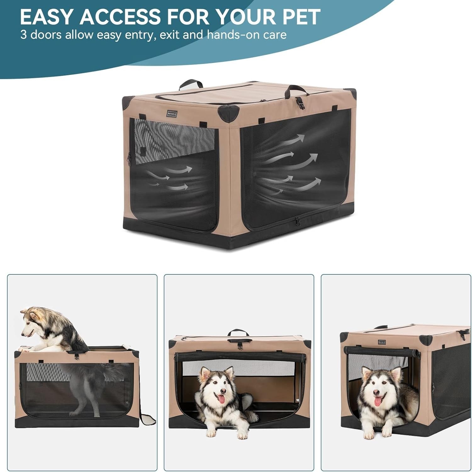 Soft-Sided Dog Crate – Portable Pet Carrier for Travel, Camping & Home (Khaki)