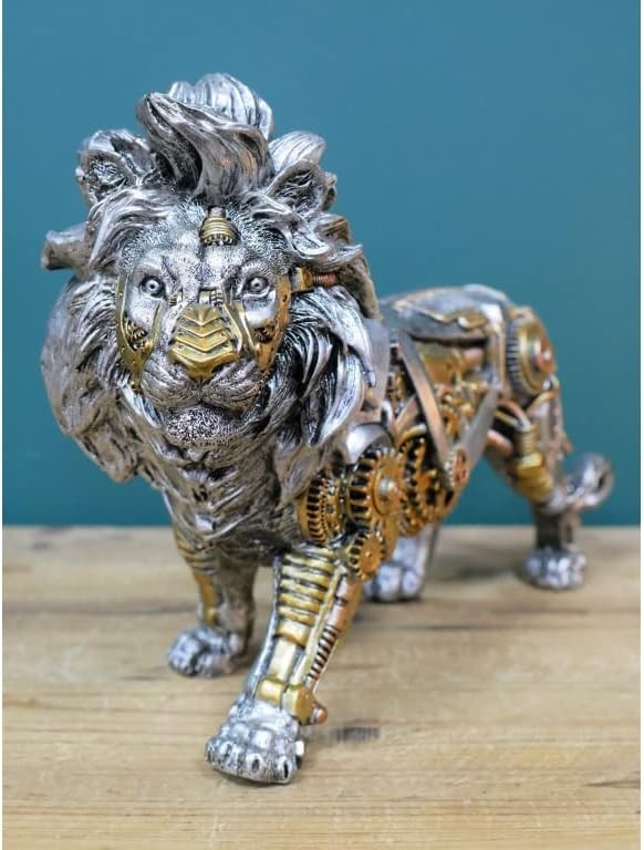 Steampunk Lion Ornament Resin Figurine Gold Silver Cogs Detail Home Decor Gift